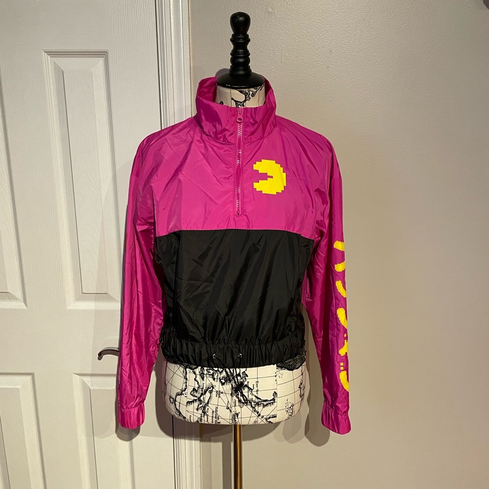 NWOT Pacman Crop Sweatshirt Mock Zip Vintage Y2k Bright Neon long sleeve Bicolor